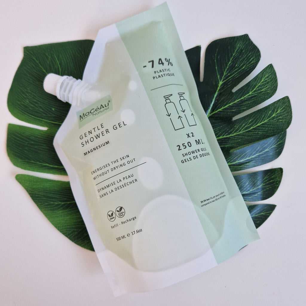Mageau naturel magnesium skincare product packaging on a leaf with branding visible