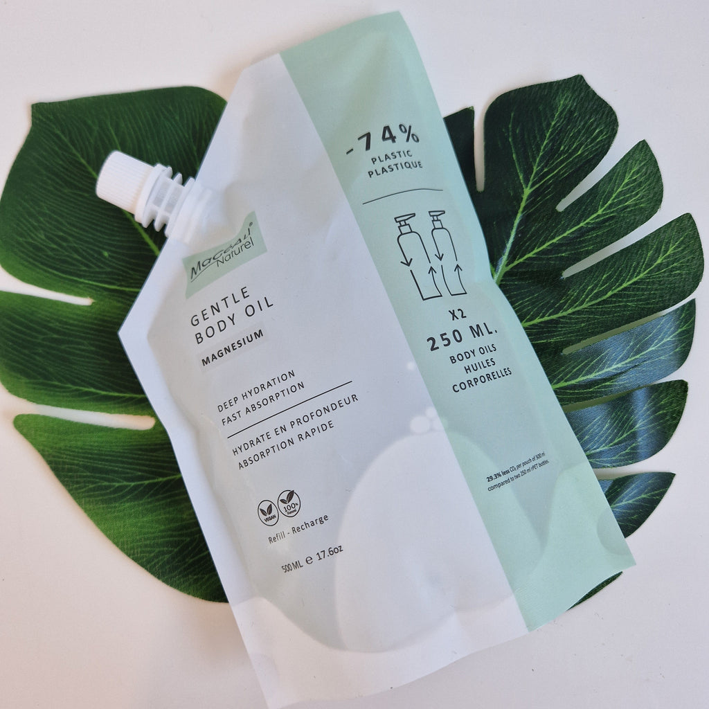 Mageau naturel magnesium gentle oil body wash on green leaves