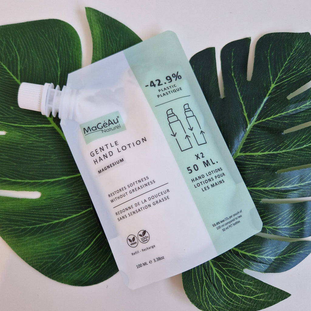 Mageau naturel magnesium Hand lotion packaging on green leaves