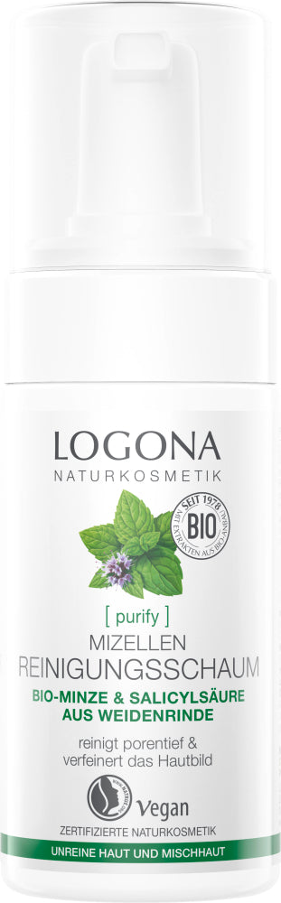 LOGONA PURIFY Micellar Cleansing Foam organic mint & salicylic acid from willow bark