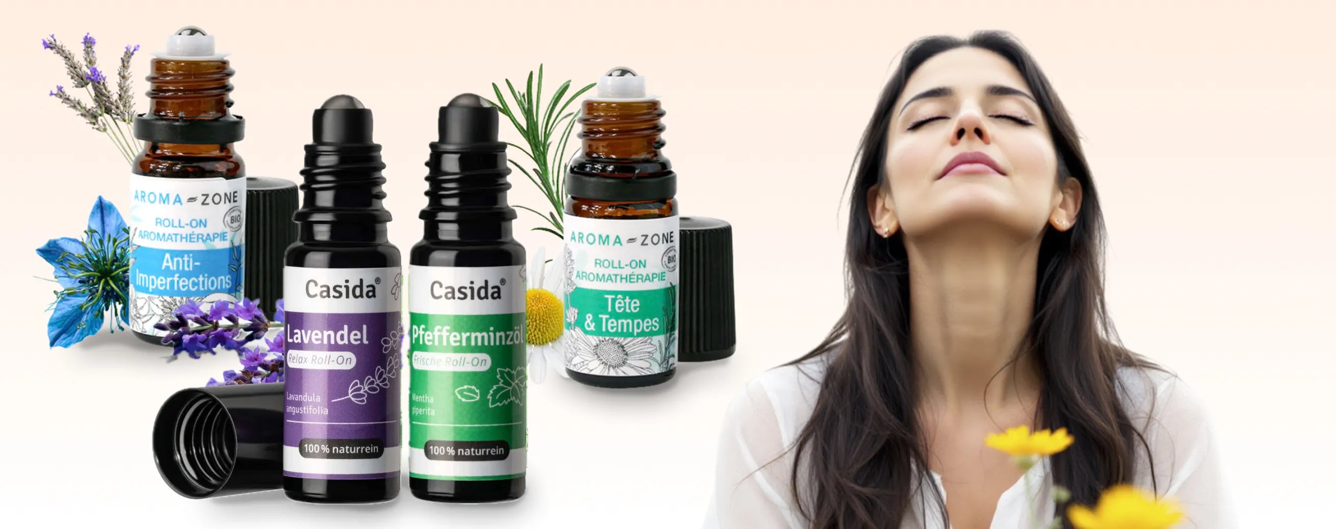 Casida essential oil bottles with a woman using them