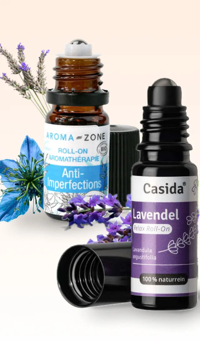 Casida Lavendel roll-on bottle with Aroma-Zone and other bottles on a white background