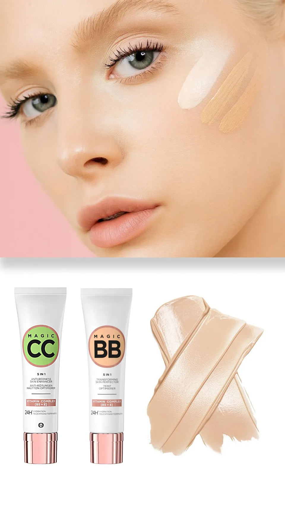 Cosmetic products with a focus on BB and CC cream, featuring a close-up of a woman's face.