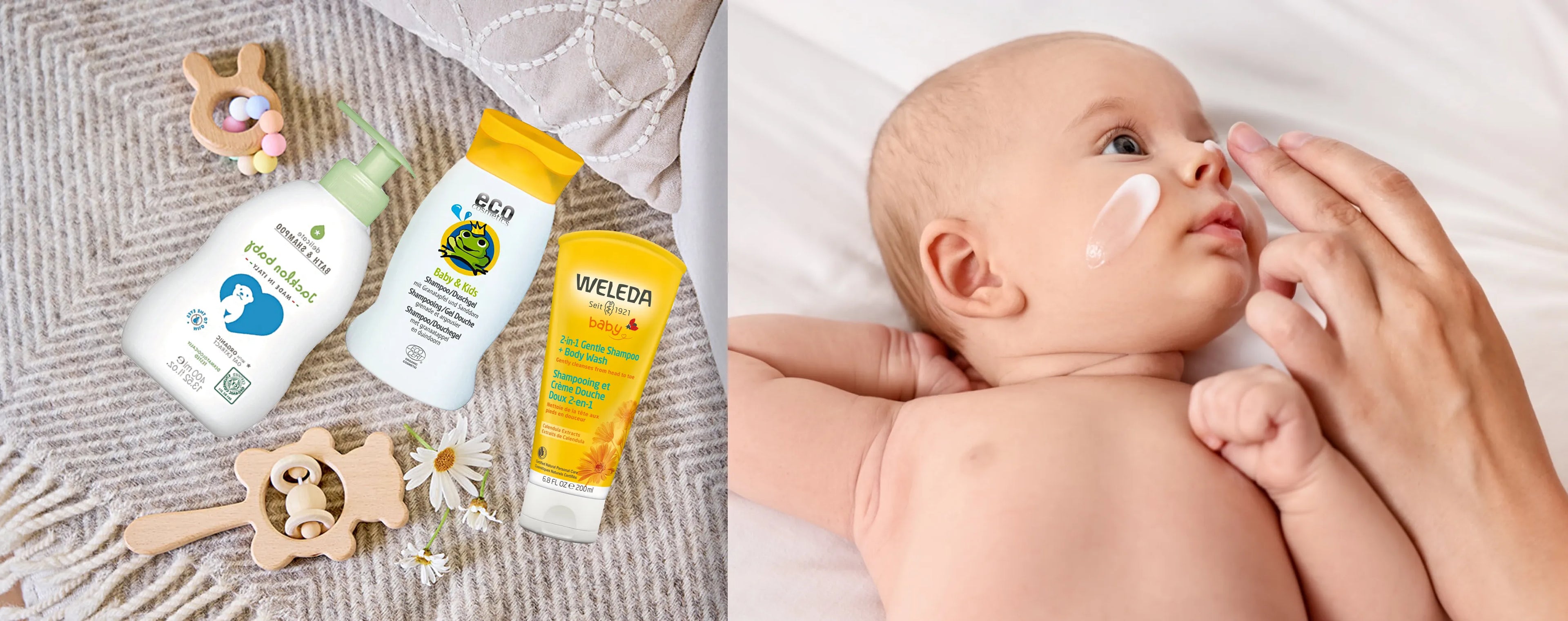 Baby skincare products and a baby with a skincare product on its face.