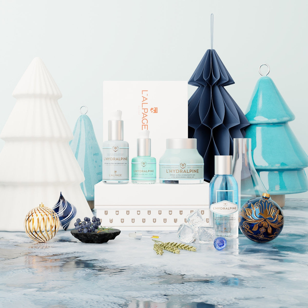 Hydralpine 24H Moisturizing Face Cream and Serum Set + Anti-Puffiness Eye Serum + Bi-Phase Waterproof Makeup Remover
