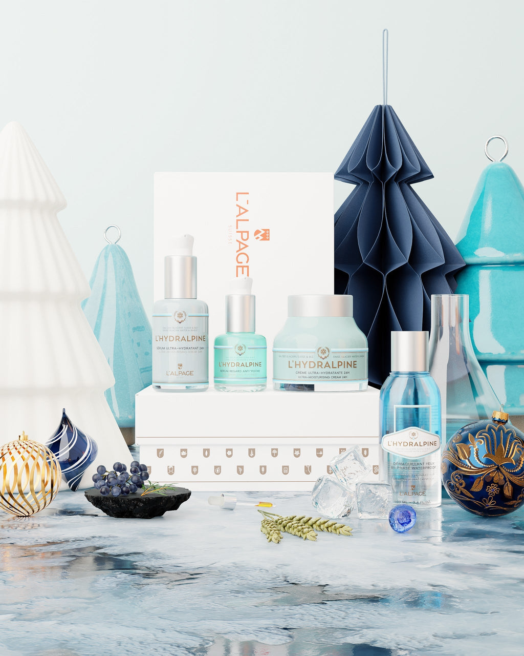 Hydralpine 24H Moisturizing Face Cream and Serum Set + Anti-Puffiness Eye Serum + Bi-Phase Waterproof Makeup Remover