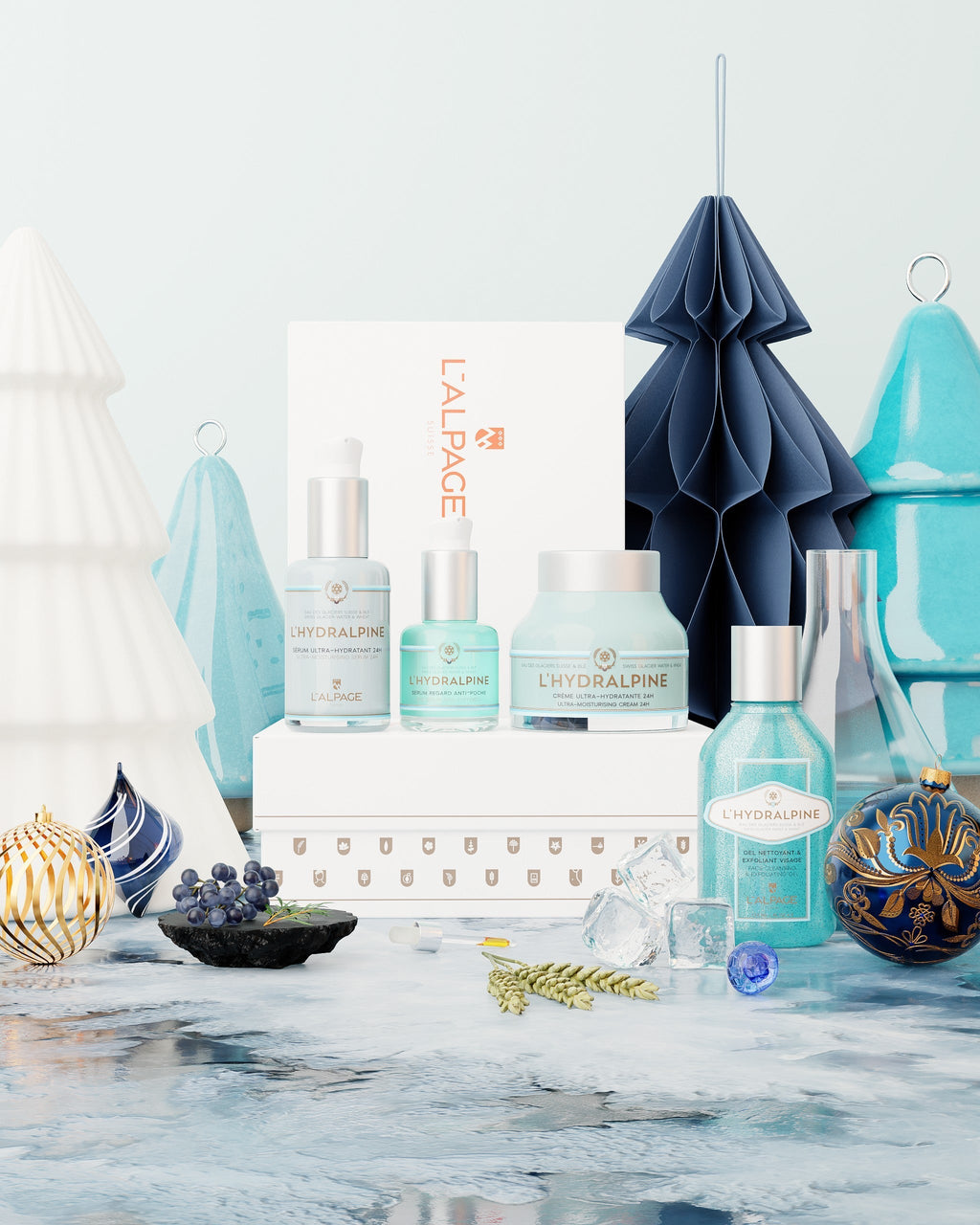 24-Hour Moisturizing Face Cream and Serum Gift Set + Anti-Puffiness Eye Serum + Exfoliating Cleansing Gel L'HYDRALPINE
