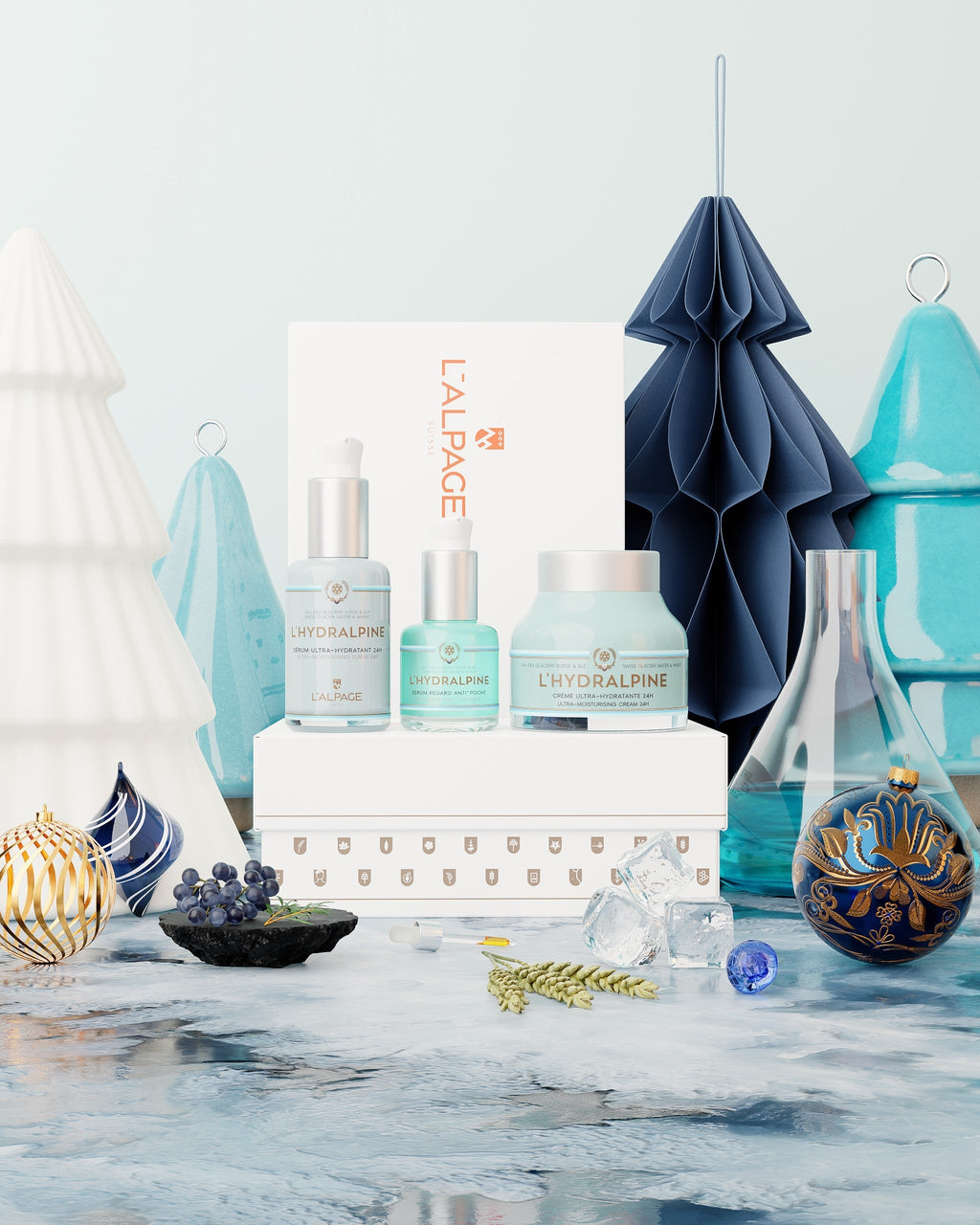 Set ou Coffret Cadeau Crème Visage Hydratante 24h + Sérum Visage Hydratant 24h + Sérum Regard Anti-Poche L'HYDRALPINE