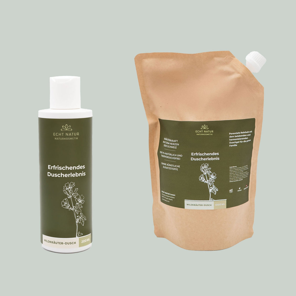 ECHT NATUR Wildkräuter-Dusch Bundle – 200ml Flasche + 1000ml Nachfüllpack