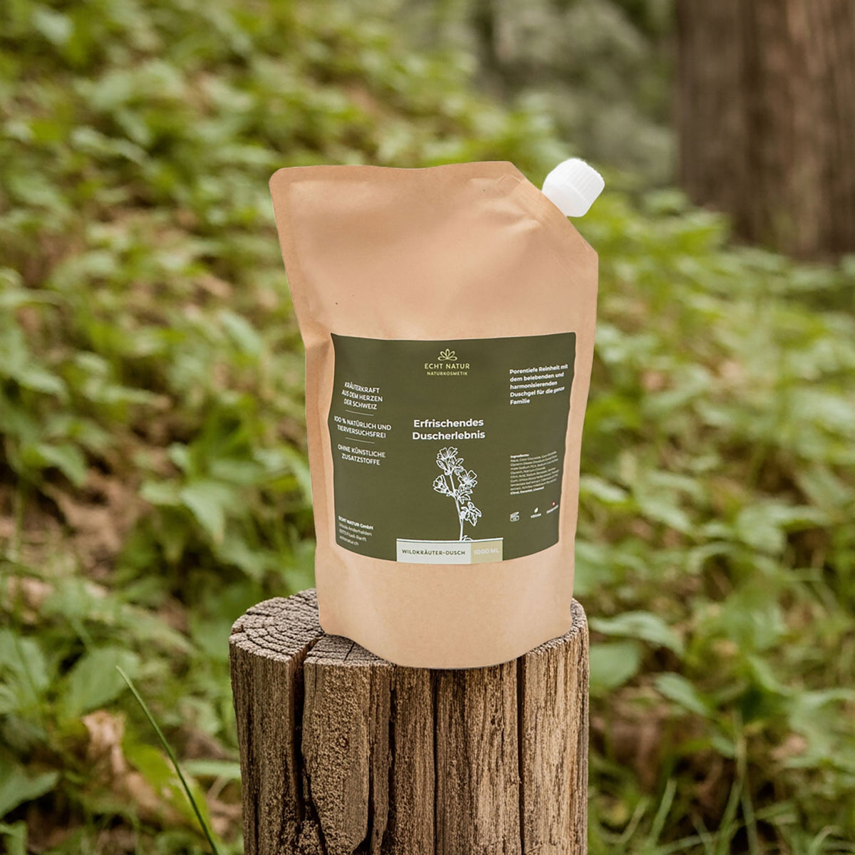 ECHT NATUR Wildkräuter-Dusch Bundle – 200ml Flasche + 1000ml Nachfüllpack