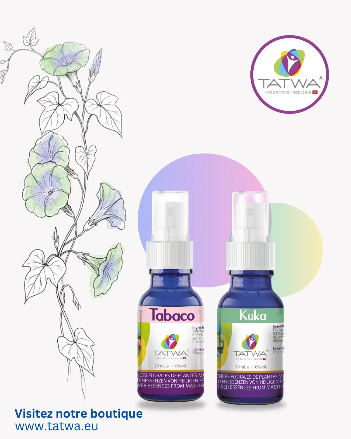 Flacons de TATWA pour Tabaco et Kuka, huiles florales pour bien-être et équilibre.