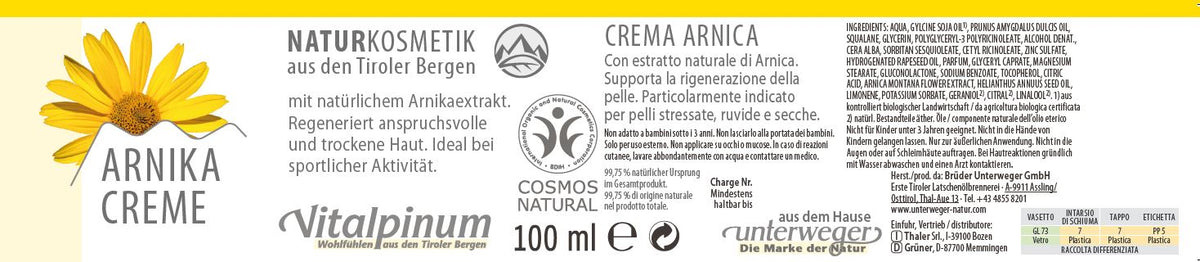 Crème à l'Arnica Unterweger 100ml – Cosmétique naturelle pour le soin des muscles et des peaux sèches avec un effet stimulant la circulation sanguine