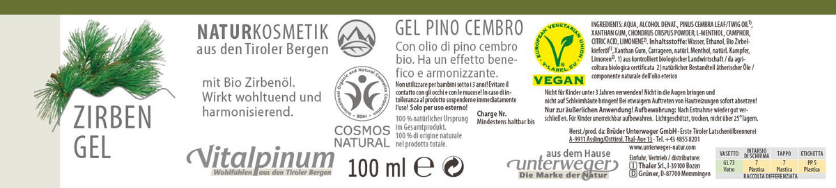 Zirben Gel mit Bio Zirbenöl – erfrischendes Kühlgel für Muskeln & Beine | Unterweger 100ml