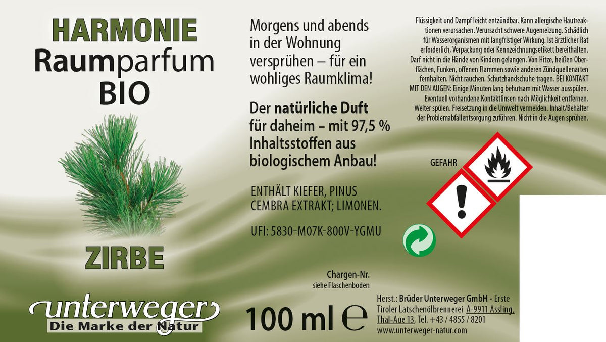 Parfum d'ambiance au pin cembro Unterweger – Parfum naturel avec huile de pin cembro bio dans un diffuseur en bois pour rafraîchir naturellement la pièce