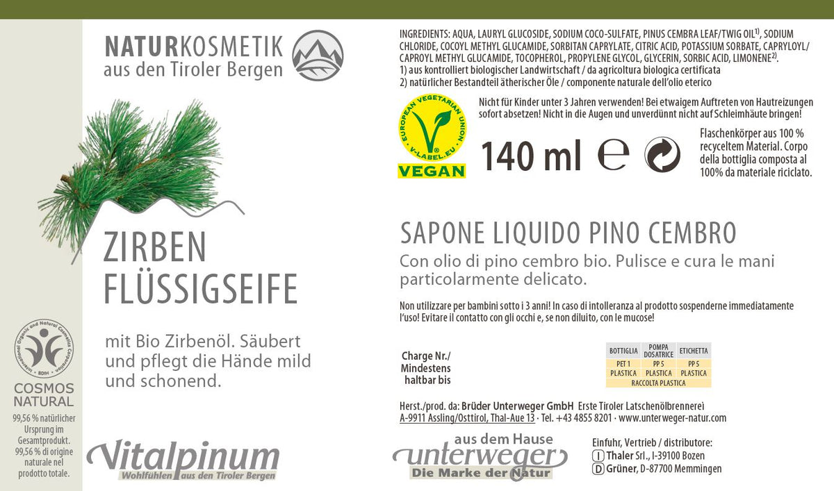 Zirben Flüssigseife mit Bio Zirbenöl – milde & pflegende Handseife | Unterweger