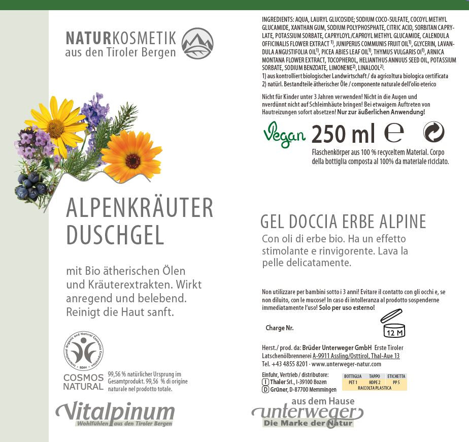 Alpenkräuter Duschgel mit ätherischen Ölen – erfrischende & belebende Körperpflege | Unterweger