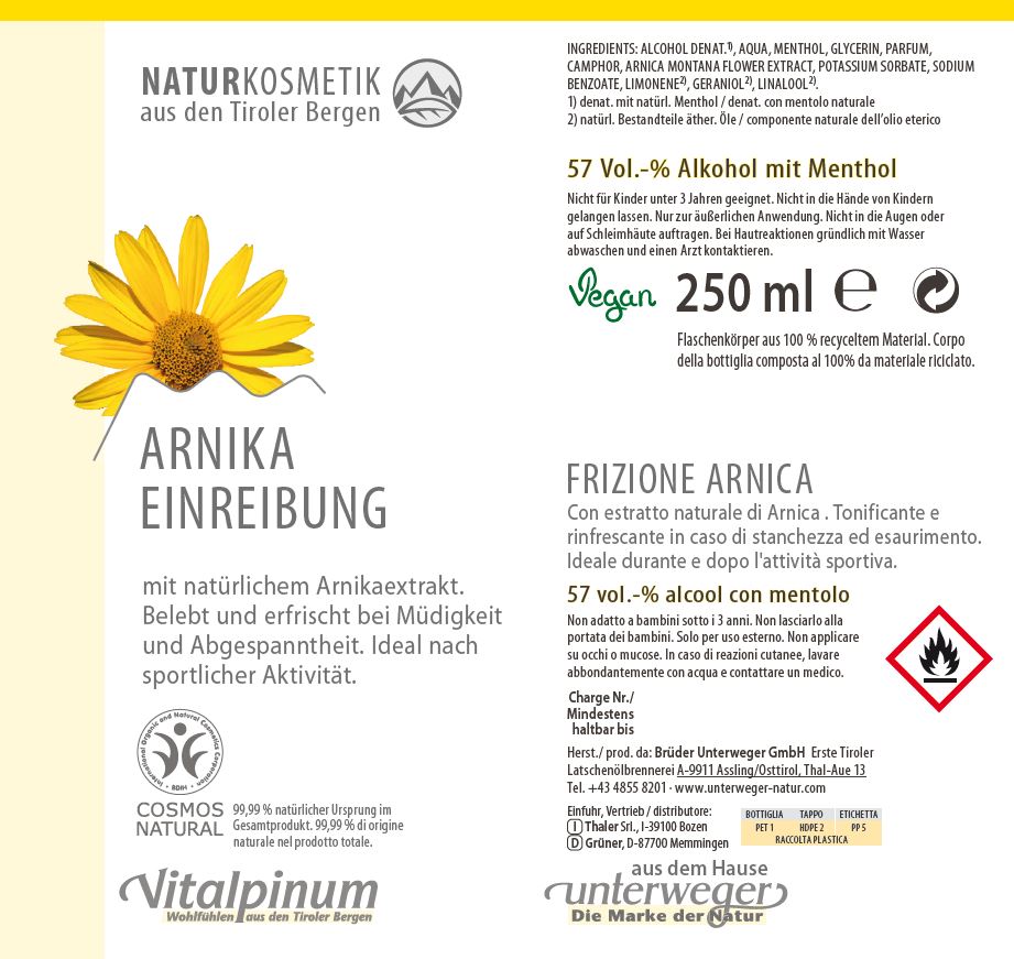 Unterweger Arnika Einreibung – cosmétique naturelle végétalienne pour le soin et la régénération musculaire