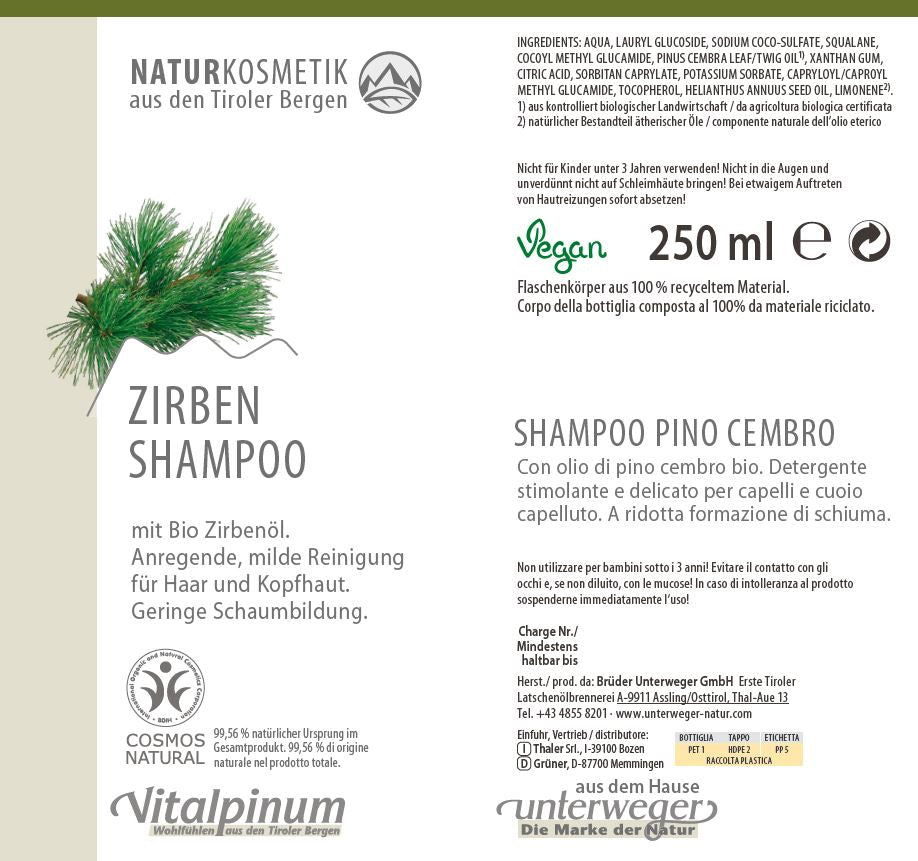 Zirben Shampoo mit Bio Zirbenöl – mildes & pflegendes Shampoo für Haare | Unterweger 235ml