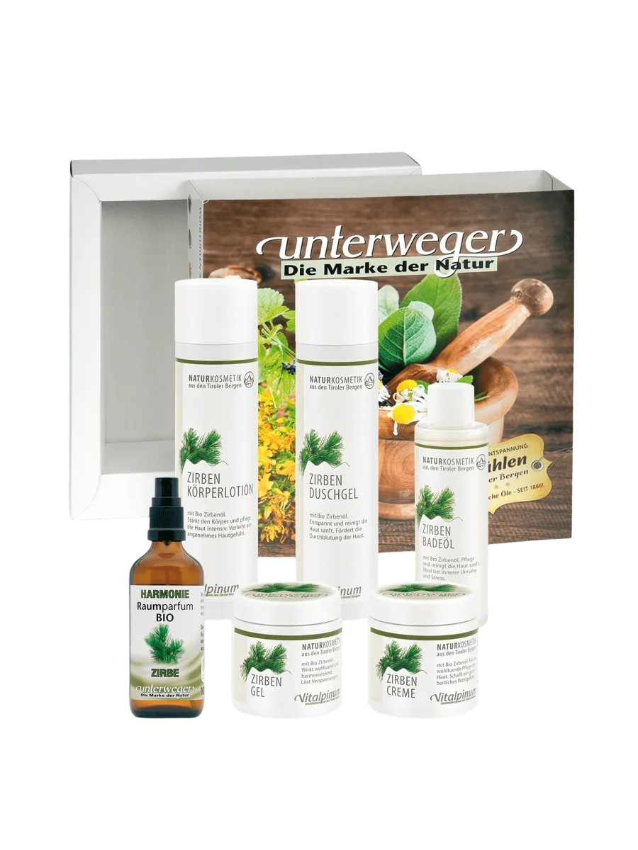 Coffret cadeau Unterweger Zirben – Set de cosmétiques naturels à l'huile de pin cembro bio pour le soin et la détente, dans un élégant coffret en bois