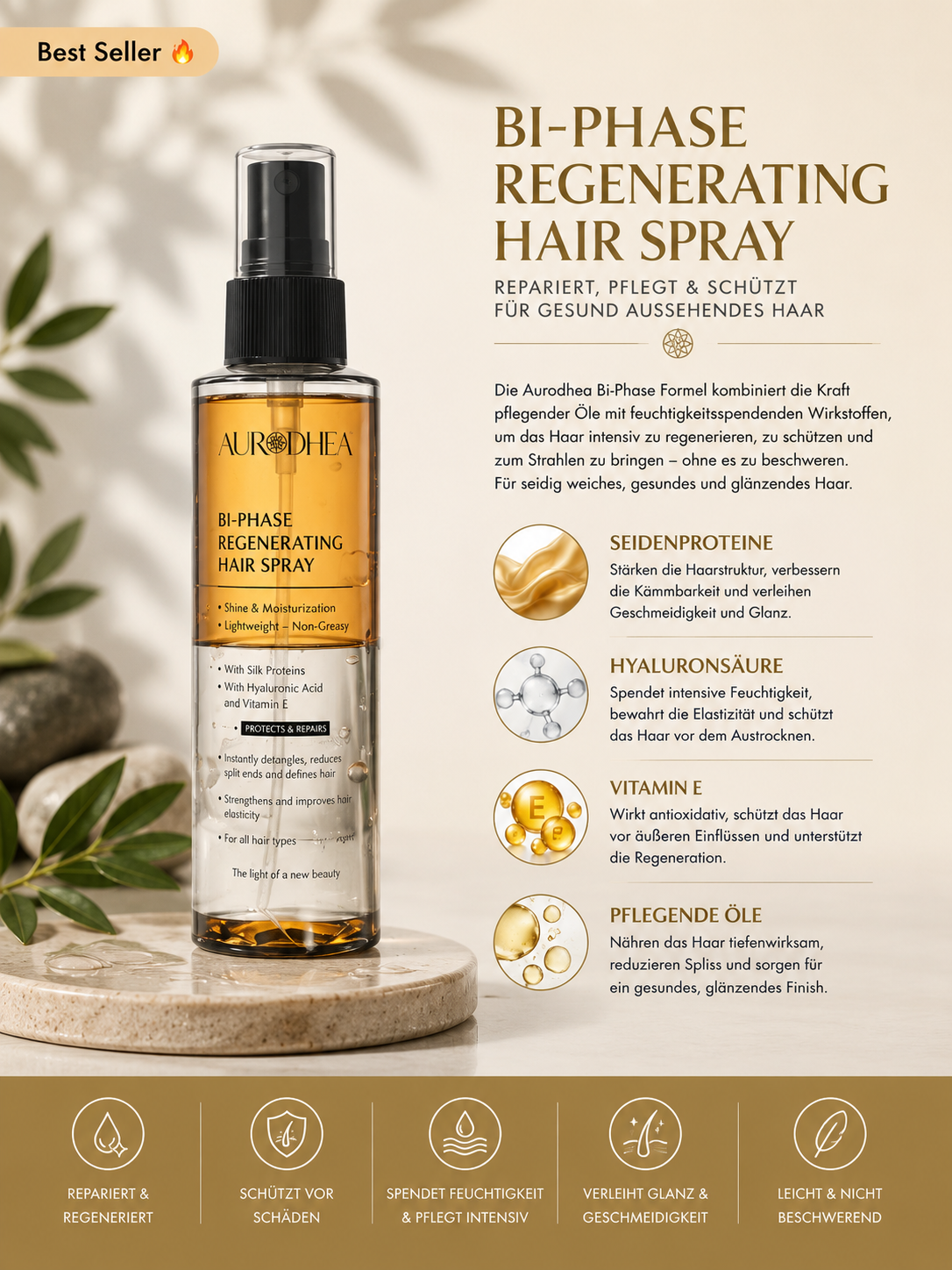 Spray solaire pour cheveux à l'acide hyaluronique & vitamine E - Régénérant 2 phases