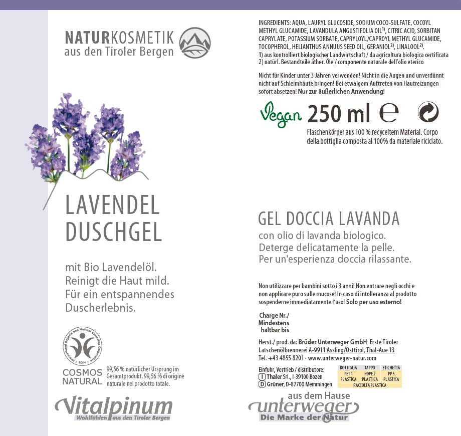 Gel douche à la lavande avec huile essentielle de lavande – soin corporel relaxant et apaisant | Unterweger