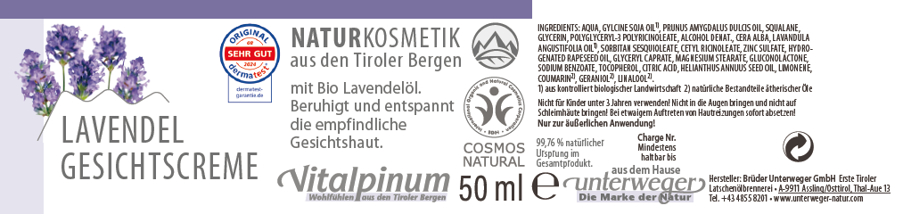 Lavendel Gesichtscreme für empfindliche & sensible Haut – mit ätherischem Lavendelöl | Unterweger