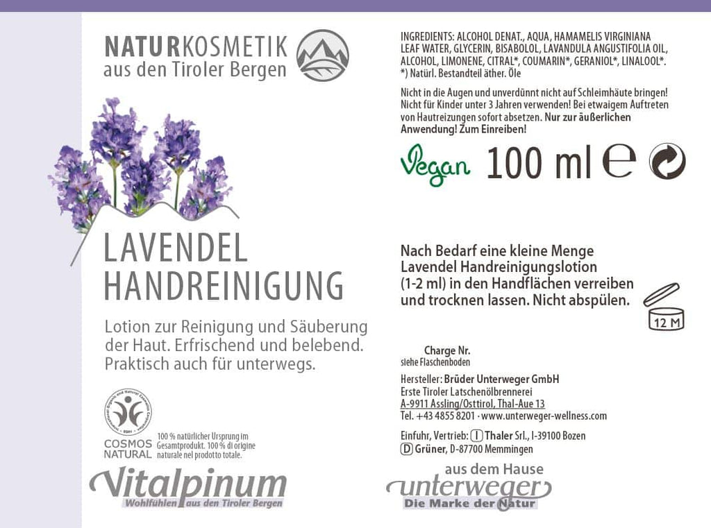 Lotion Nettoyante pour les Mains Lavendel Unterweger – Cosmétique Naturelle pour un Nettoyage Hygiénique