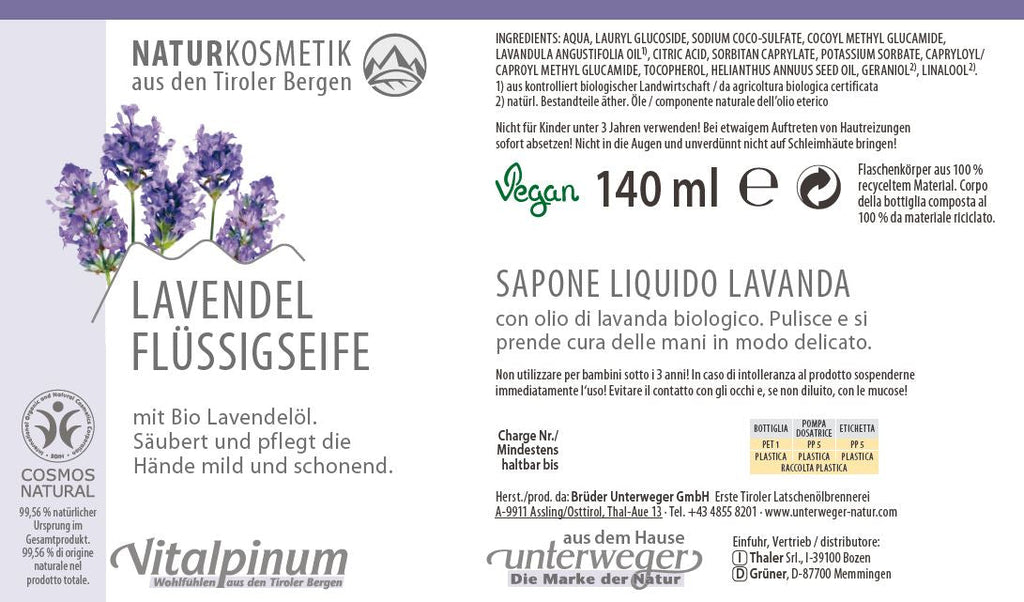 Savon liquide à la lavande avec huile essentielle de lavande – savon doux et apaisant pour les mains | Unterweger