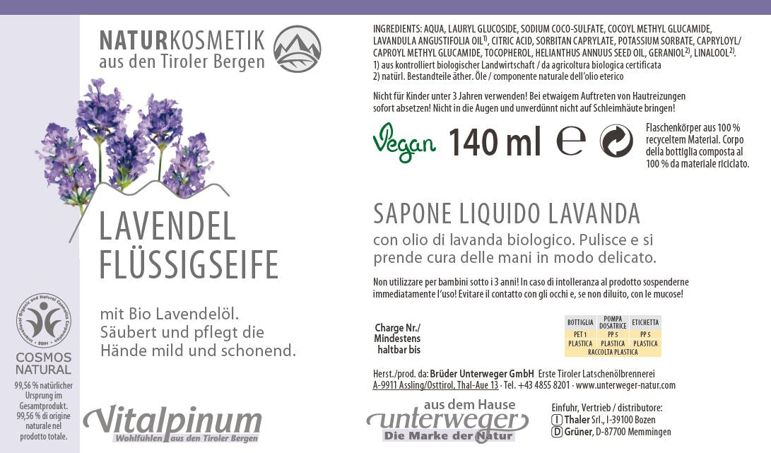 Savon liquide à la lavande avec huile essentielle de lavande – savon doux et apaisant pour les mains | Unterweger