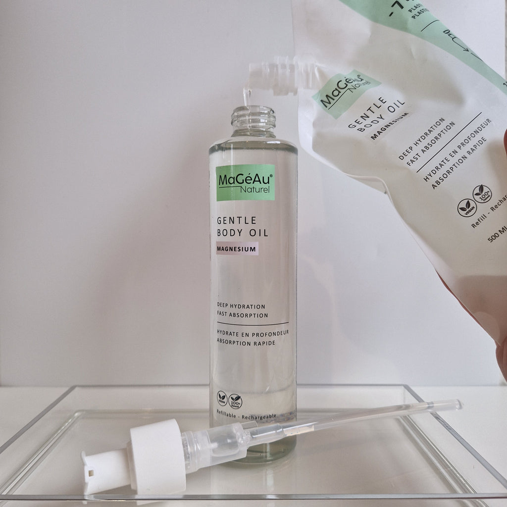MaGeAu Magnesium Gentle Body Oil bottle with dropper on a white background