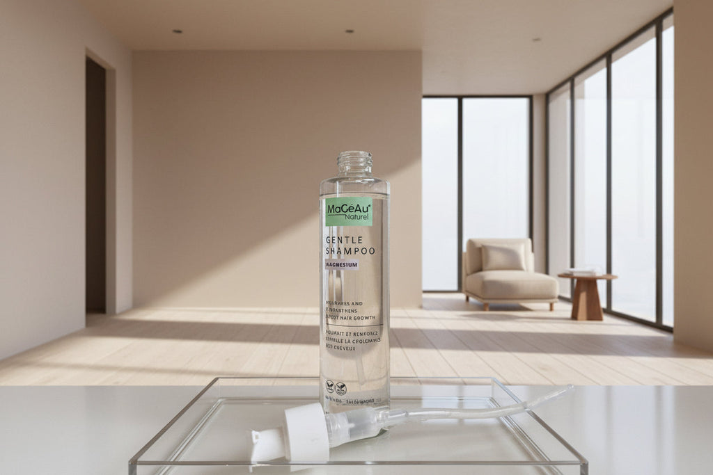 Bottle of Mageau Magnesium Shampoo on a white surface with a blurred background