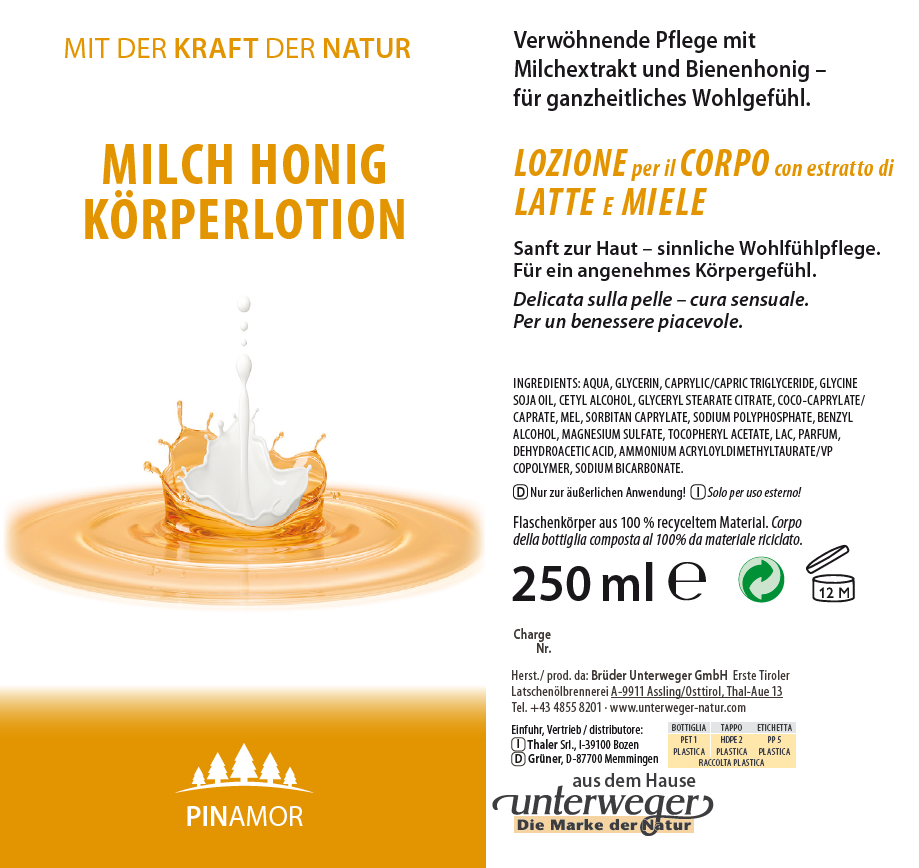 Lotion corporelle lait et miel Unterweger – Cosmétique naturelle pour peaux sèches et sensibles au parfum soignant
