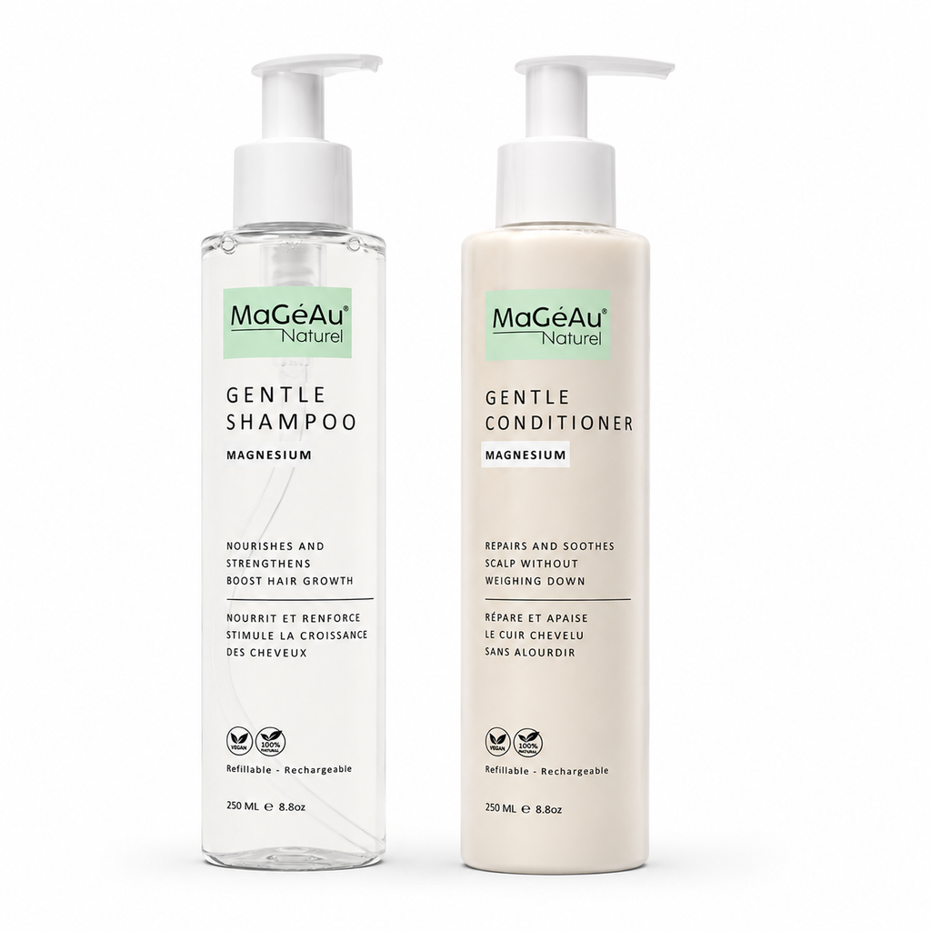Two bottles of MaGeAu Naturel Gentle Shampoo and Conditioner on a white background