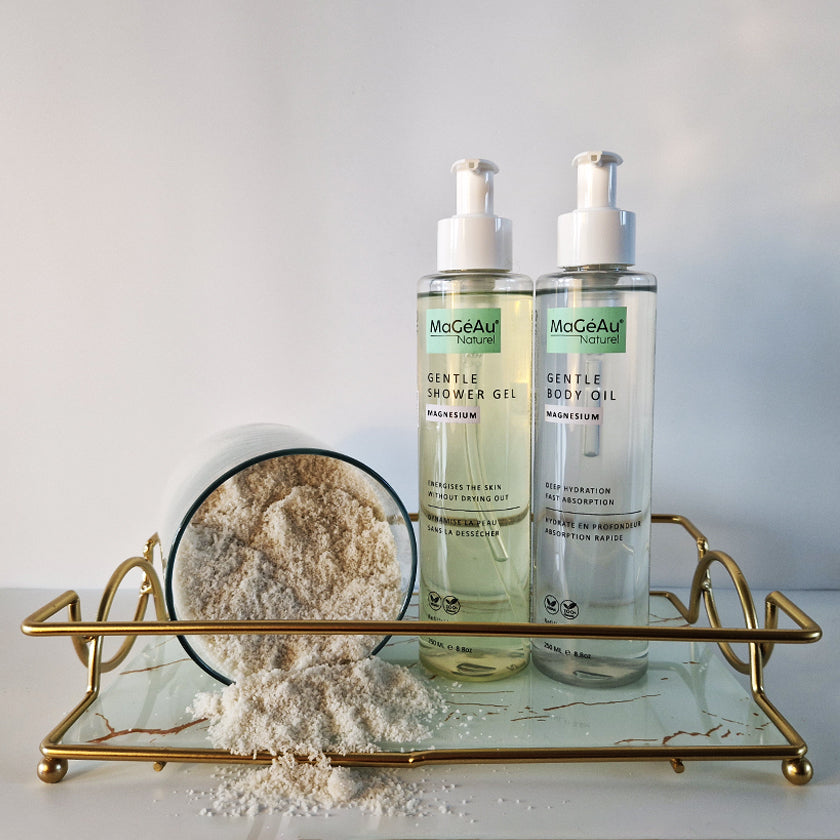 Two bottles of MaGéAu Naturel Magnesium products on a decorative tray with a white background