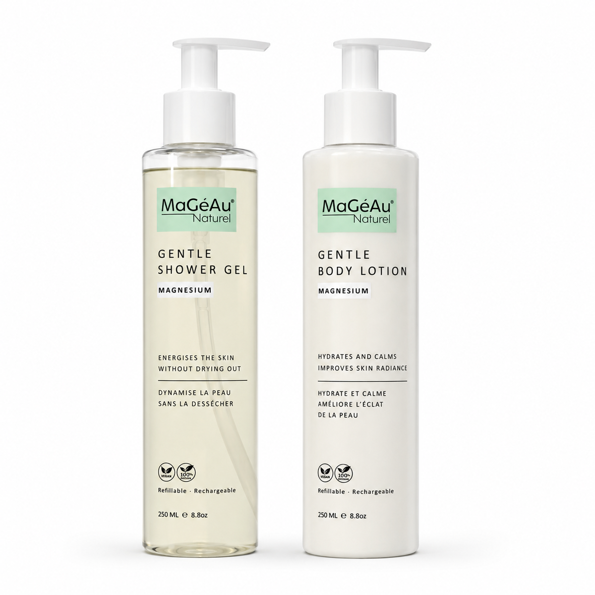 Two bottles of MaGeAu Naturel Gentle Shower Gel and Body Lotion on a white background