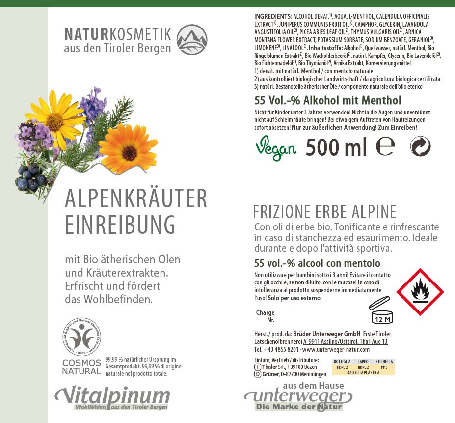 Alpenkräuter Aktiv-Einreibung Unterweger – Cosmétique naturelle à l'arnica et aux huiles essentielles pour le soin musculaire
