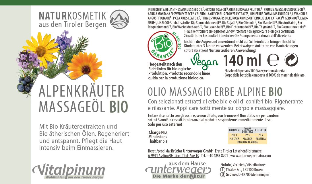 Alpenkräuter Massageöl Unterweger – Cosmétique biologique à l'arnica, à l'épicéa et au genévrier