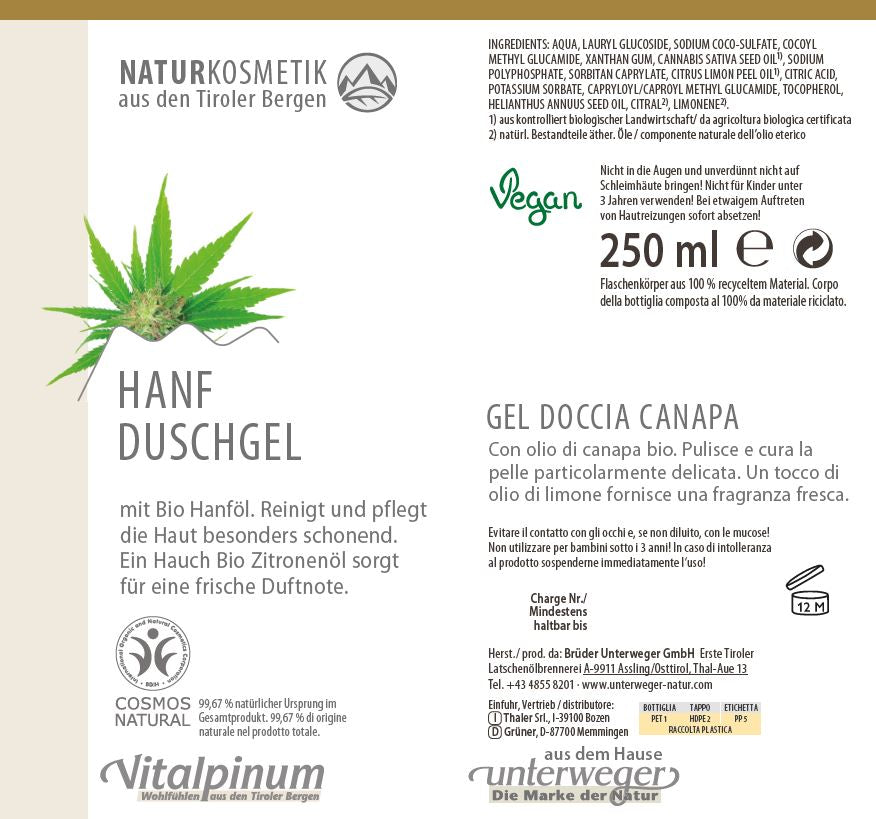 Unterweger Gel douche au chanvre 250ml – Cosmétique naturelle à l'huile de chanvre et à l'huile de citron pour un soin doux des peaux sensibles