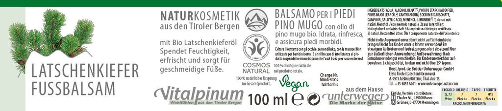 Baume pour les pieds au pin des montagnes Latschenkiefer Unterweger – Cosmétiques naturels à l'huile de pin des montagnes bio pour le soin et le rafraîchissement des pieds fatigués
