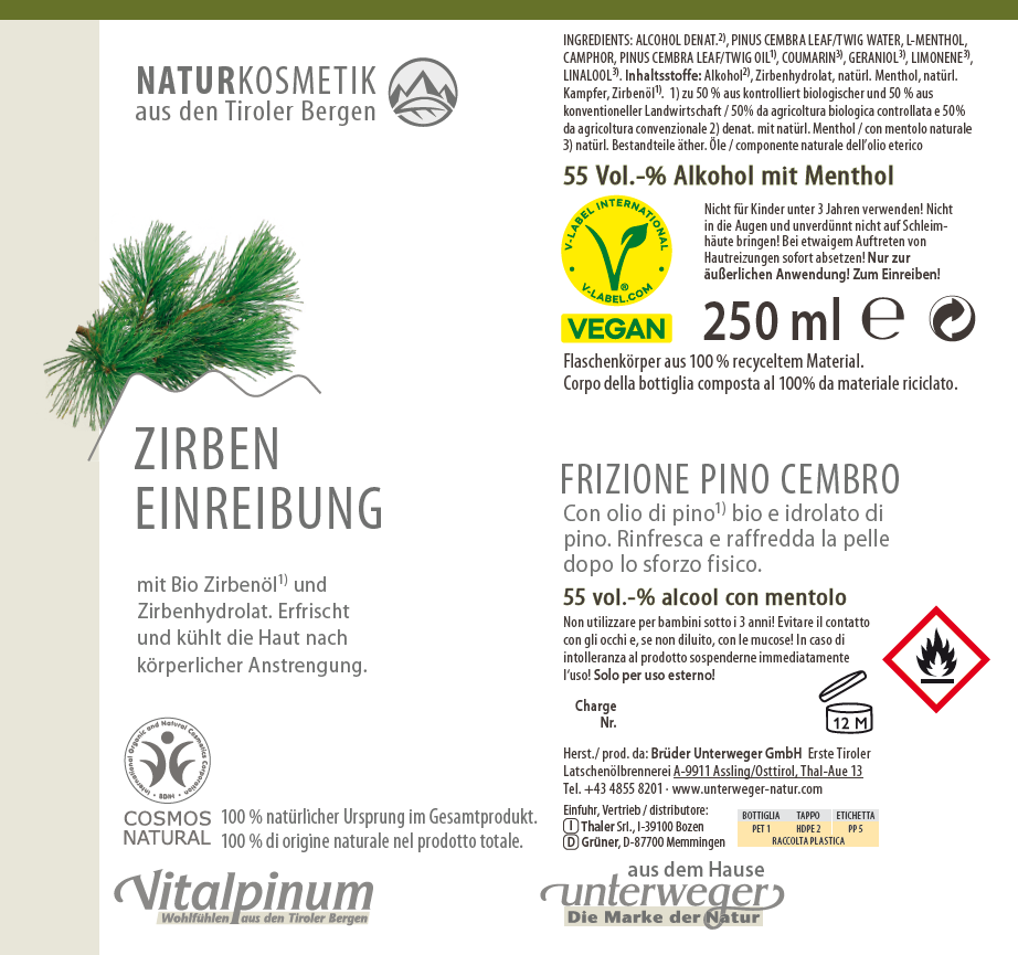Friction à l'huile d'arolle Unterweger – Cosmétique naturelle pour les tensions musculaires et l'effort physique