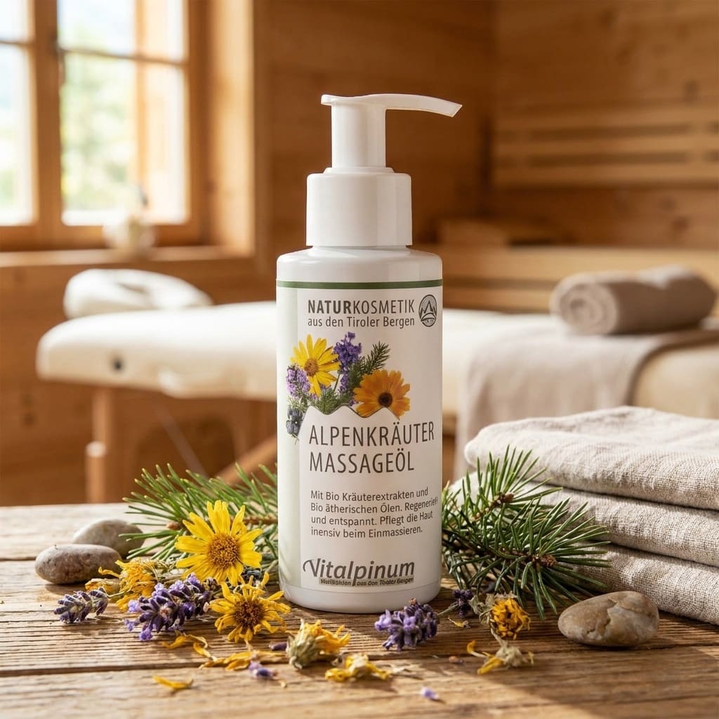 Alpenkräuter Massageöl Unterweger – Cosmétique biologique à l'arnica, à l'épicéa et au genévrier