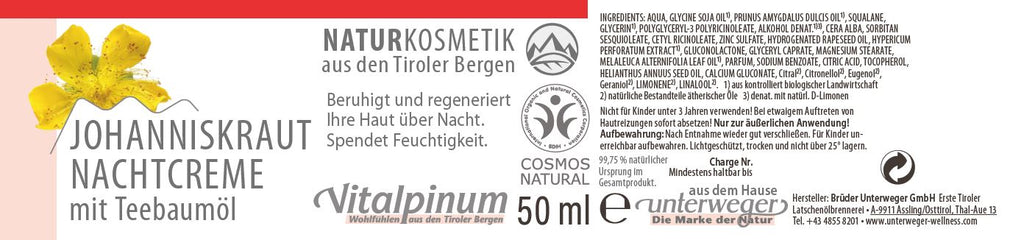 Unterweger Nachtpflege 50ml – regenerierende Gesichtspflege mit Teebaumöl & Bio-Johanniskraut – Naturkosmetik für die Nacht