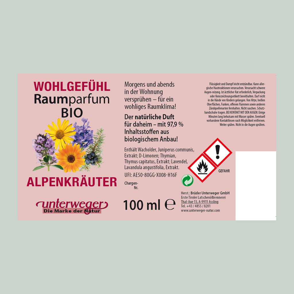 Parfum d'ambiance BIO aux herbes alpines Unterweger – Fraîcheur naturelle aux huiles essentielles