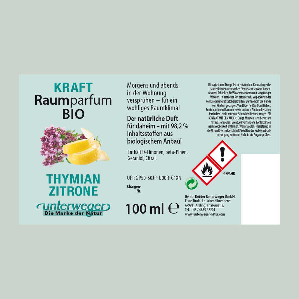 Parfum d'ambiance bio Citron & Thymian Unterweger – Une fraîcheur naturelle pour votre intérieur