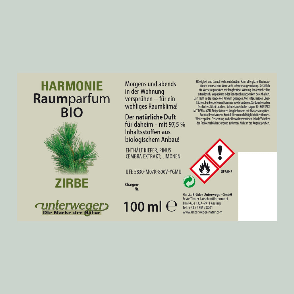 BIO Parfum d'ambiance Pin cembro Unterweger – Parfum d'intérieur Senteur boisée Nature