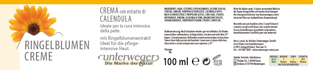 Crème au calendula – Soin pour peaux sèches et sensibles | Unterweger 100ml