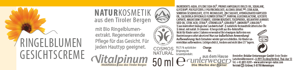 Ringelblumen Gesichtscreme (Calendula) – Pflege für trockene & empfindliche Haut | Unterweger 50ml