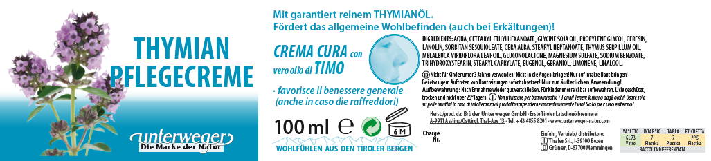 Thymian Pflegecreme Unterweger – Cosmétiques naturels à l'huile de thym pour aider à soulager le rhume