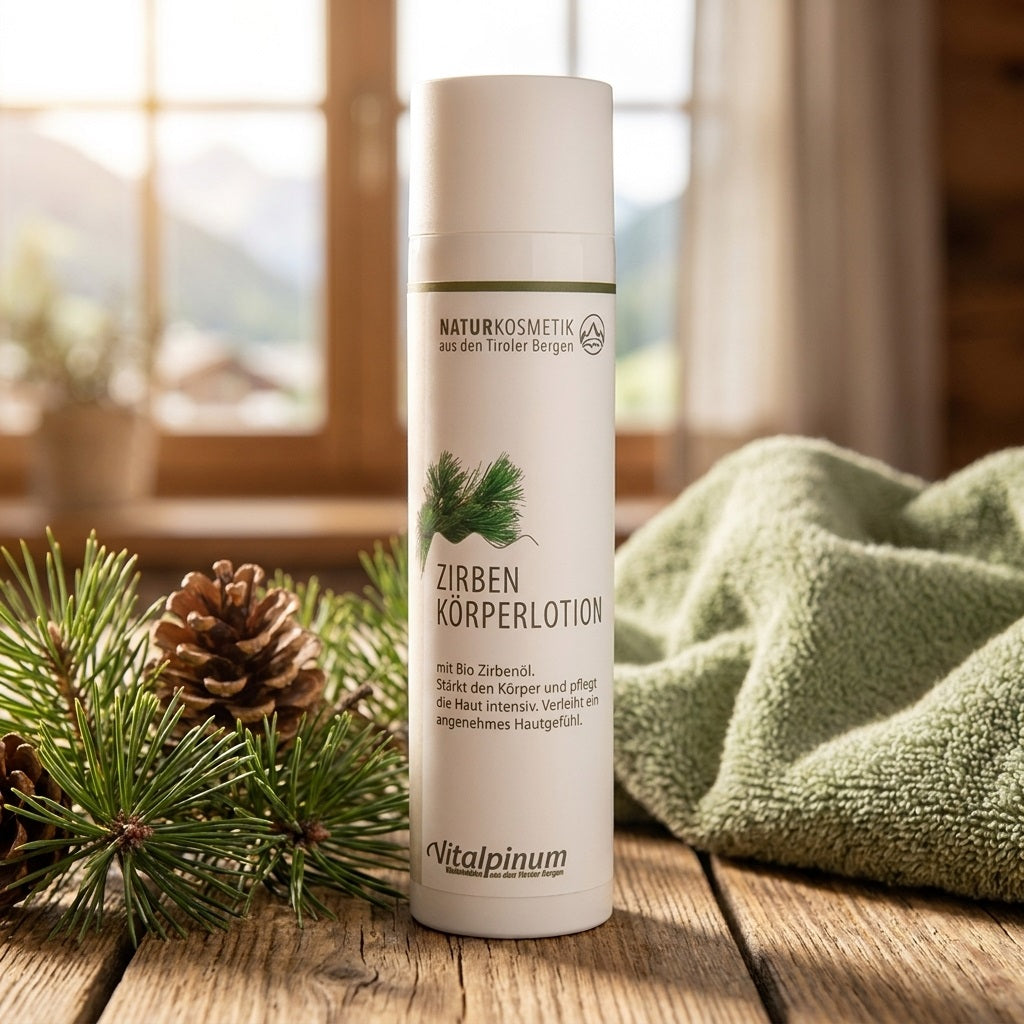 Lait corporel au pin cembro Unterweger – des cosmétiques naturels végétaliens pour une agréable sensation sur la peau