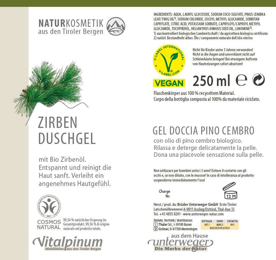 Zirben Duschgel mit Bio Zirbenöl – erfrischende & belebende Arven Körperpflege | Unterweger 250ml